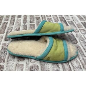 Acorn Shearling Slip On Slippers Slides  Size 7 Green Blue Fuzzy Warm Suede